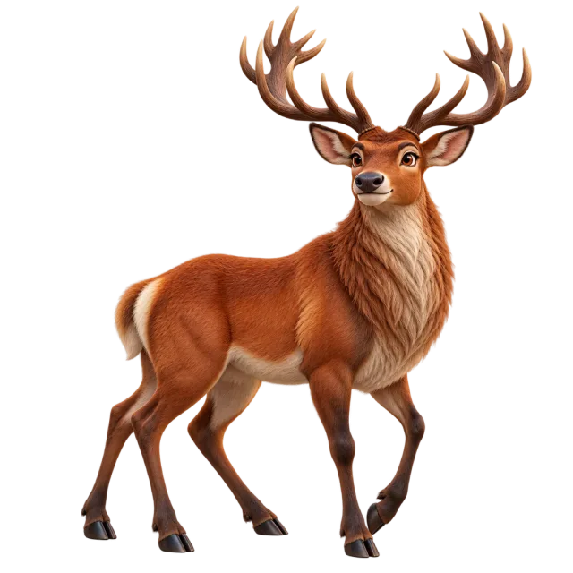 3D-style character illustration of red deer stag with branching antlers and a reddish-brown coat