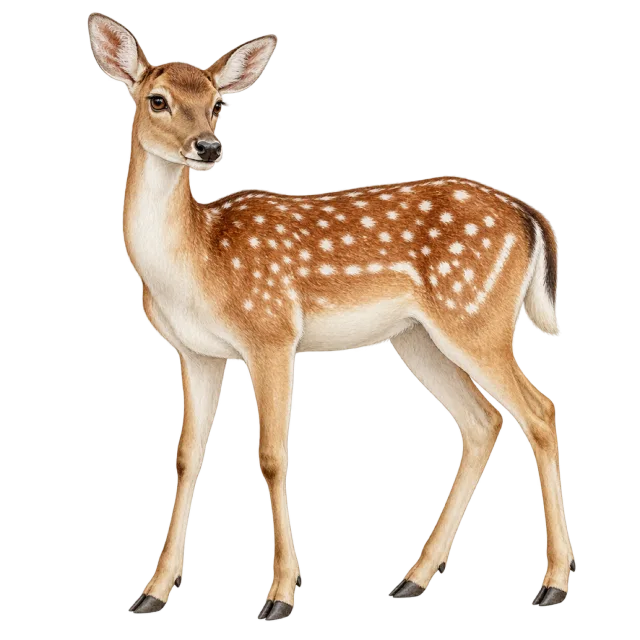 Watercolor-style illustration of fallow deer doe with white spots on a tan coat
