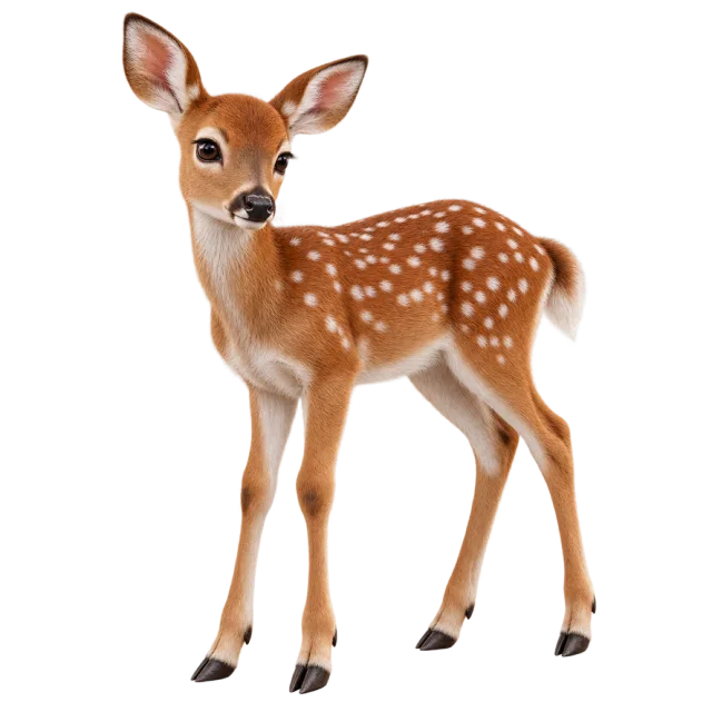 3D-style character illustration of roe deer fawn with a spotted brown coat and slender legs