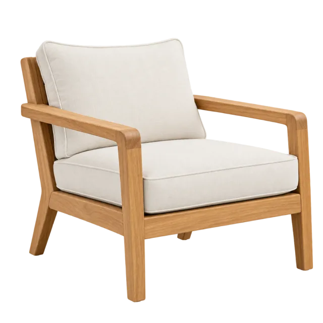A light wood outdoor-style armchair with a thick cream seat and back cushion