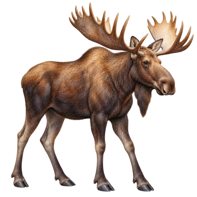 Watercolor-style illustration of moose with broad antlers and long legs