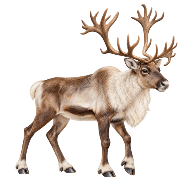 Watercolor-style illustration of reindeer with branching antlers and pale neck fur