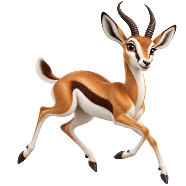 3D-style character illustration of springbok with a dark side stripe and curved horns and legs lifted in a leaping pose