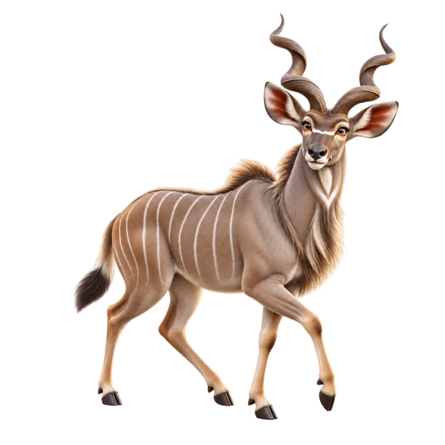 3D-style character illustration of greater kudu with white body stripes and spiraling horns