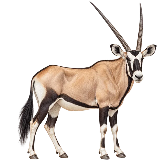 Watercolor-style illustration of gemsbok with long straight horns and bold facial markings