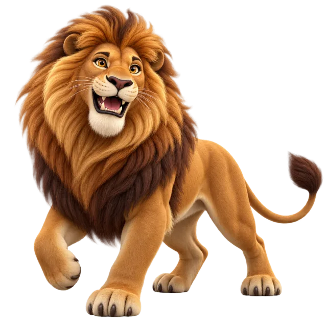 3D-style character illustration of african lion with a golden-brown mane and tufted tail and one front paw lifted
