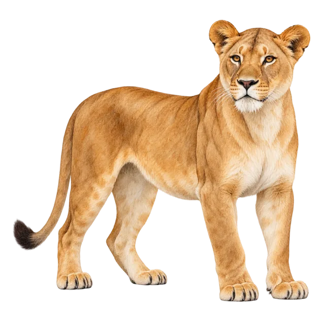 Watercolor-style illustration of lioness with a tawny coat and long tail