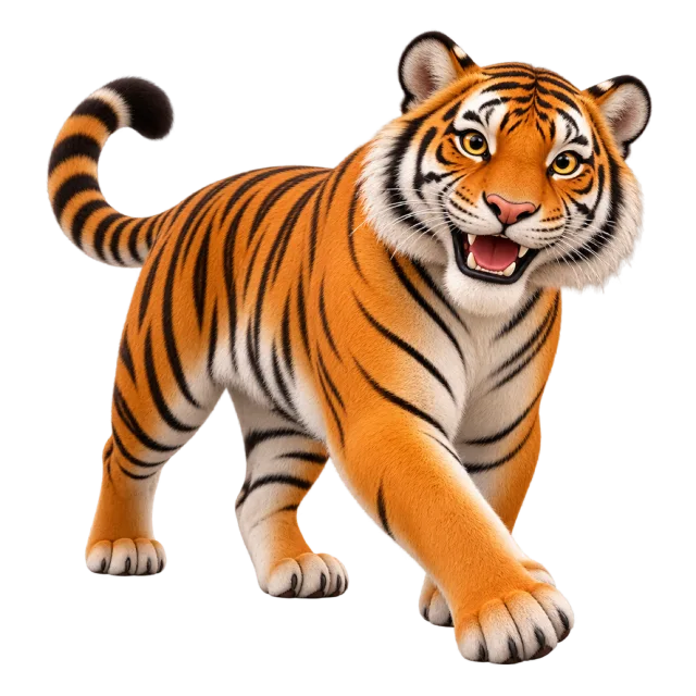 3D-style character illustration of bengal tiger with orange fur with black stripes and one front paw lifted