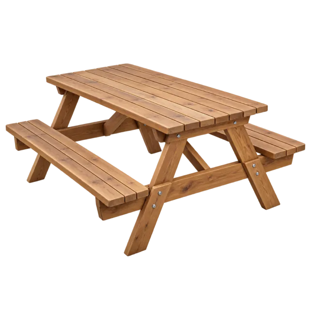 A wooden picnic table with slatted top, attached side benches and angled supports