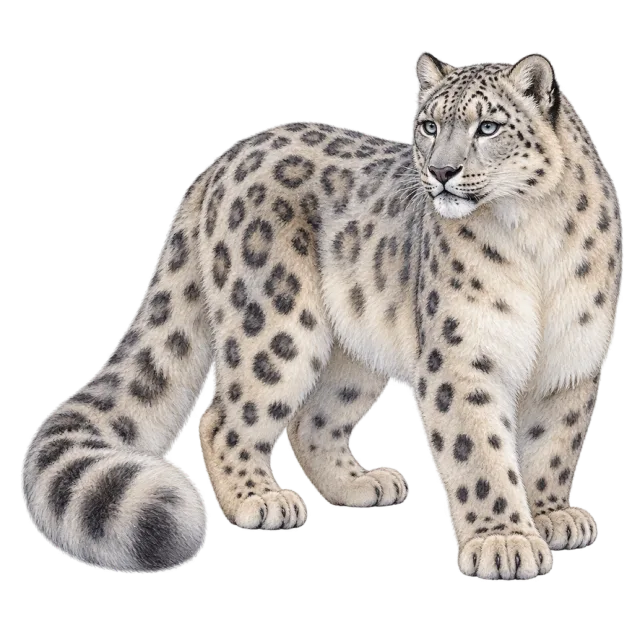 Watercolor-style illustration of snow leopard with pale fur with dark rosettes and a thick tail