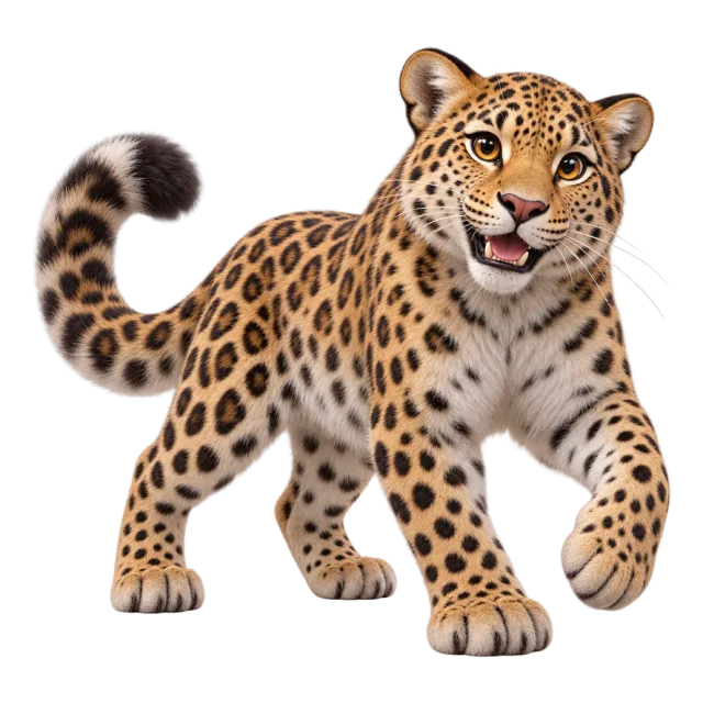 3D-style character illustration of amur leopard with golden fur with dark rosettes