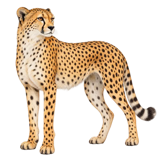 Watercolor-style illustration of cheetah with small dark spots and facial tear markings