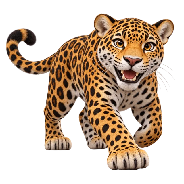 3D-style character illustration of jaguar with a stocky spotted body and thick tail and a raised front paw