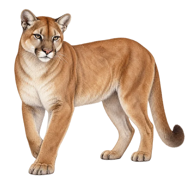 Watercolor-style illustration of cougar with a tawny coat and pale muzzle