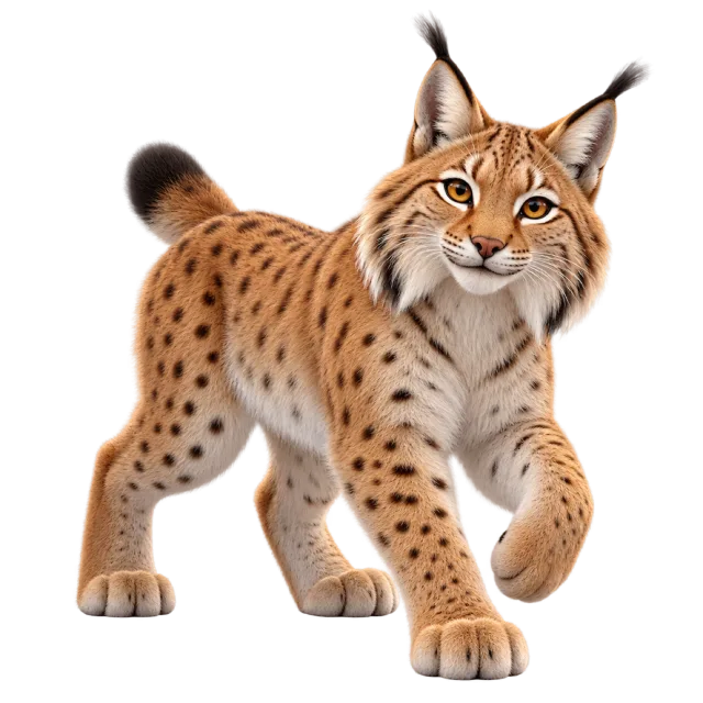 3D-style character illustration of eurasian lynx with tufted ears and a short tail and a raised front paw