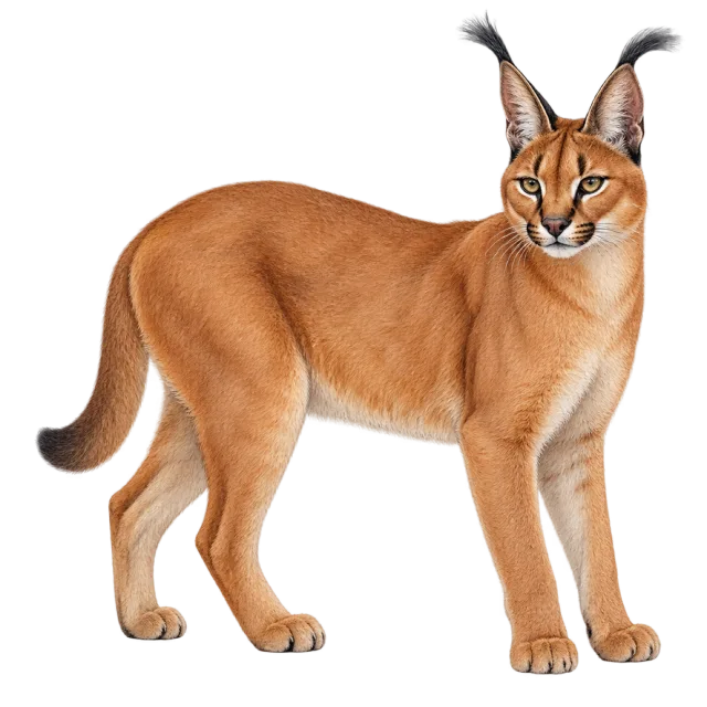 Watercolor-style illustration of caracal with tall black ear tufts and reddish fur