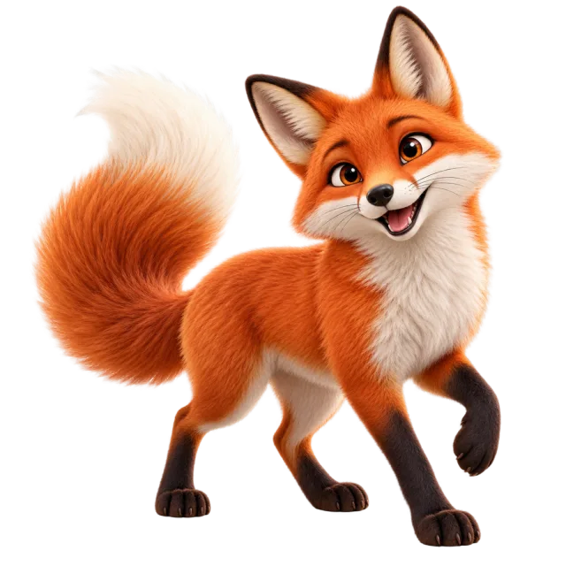 3D-style character illustration of red fox with orange fur, black legs and a pale chest