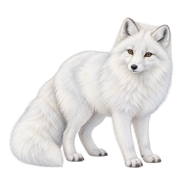 Watercolor-style illustration of arctic fox with thick white fur and a bushy tail