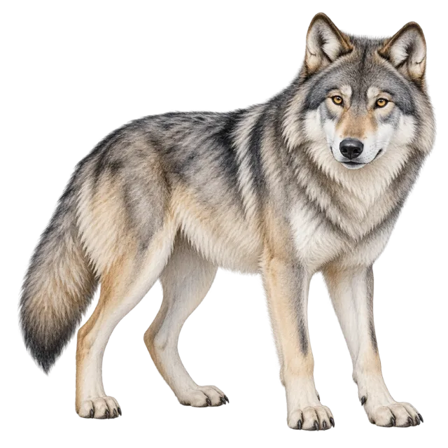 Watercolor-style illustration of gray wolf with gray-brown fur and pointed ears