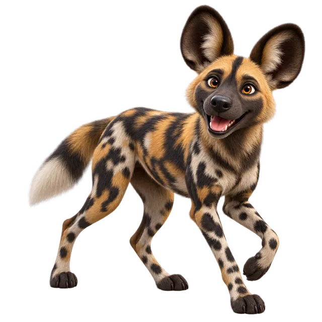 3D-style character illustration of african wild dog with mottled dark and tan fur with rounded ears