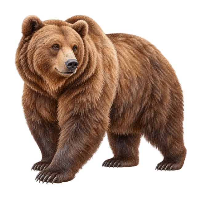 Watercolor-style illustration of brown bear with thick brown fur and rounded ears