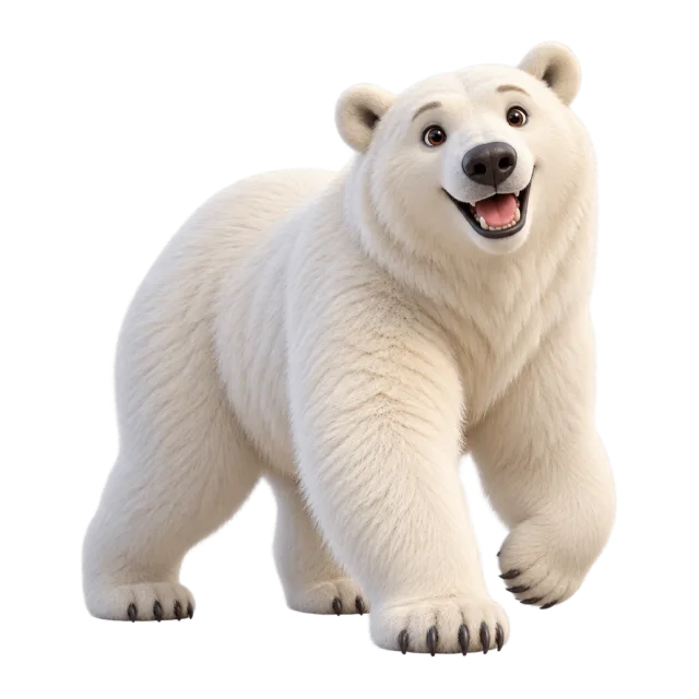 3D-style character illustration of polar bear with cream-white fur and a black nose and a raised front paw