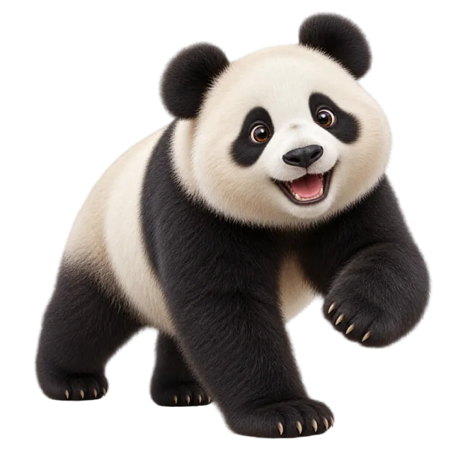 3D-style character illustration of giant panda with black and white fur with dark eye patches and a raised front paw