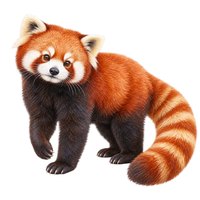 Watercolor-style illustration of red panda with rust-red fur and a ringed tail