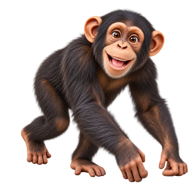 3D-style character illustration of chimpanzee with dark fur and a pale face