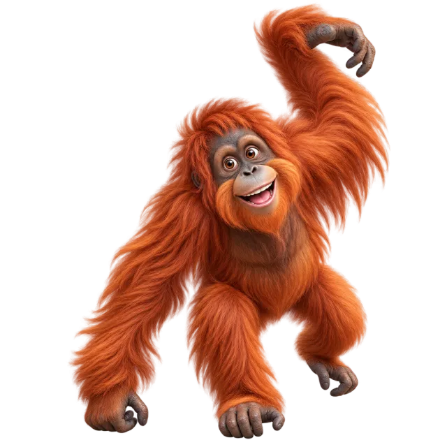 3D-style character illustration of orangutan with long reddish-orange fur and one arm raised