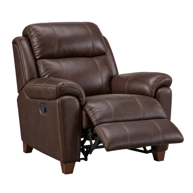 A dark brown padded reclining armchair with its footrest raised