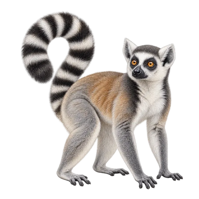 Watercolor-style illustration of ring tailed lemur with a black and white ringed tail