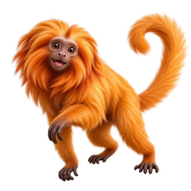 3D-style character illustration of golden lion tamarin with bright orange fur and a long tail