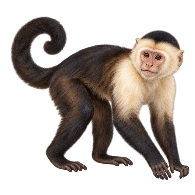Watercolor-style illustration of capuchin monkey with dark fur with a pale face and shoulders