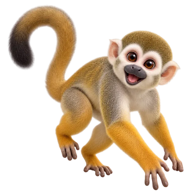 3D-style character illustration of squirrel monkey with yellow-brown limbs and pale facial markings