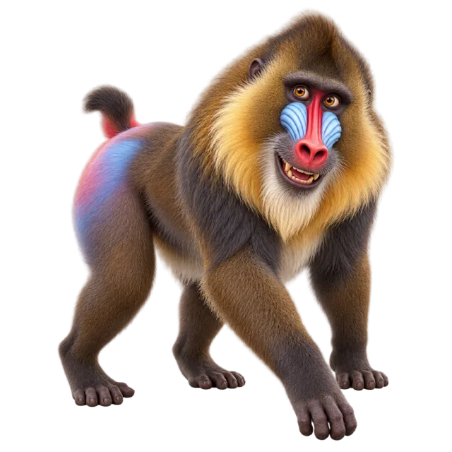 3D-style character illustration of mandrill with red and blue facial markings