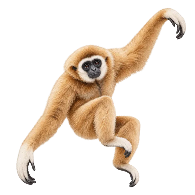 Watercolor-style illustration of white handed gibbon with long arms and pale hands and one arm raised
