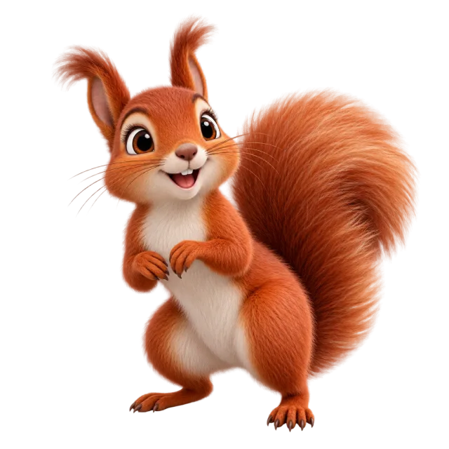 3D-style character illustration of red squirrel with reddish fur, tufted ears and a bushy tail
