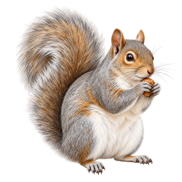 Watercolor-style illustration of gray squirrel with gray fur and a large bushy tail