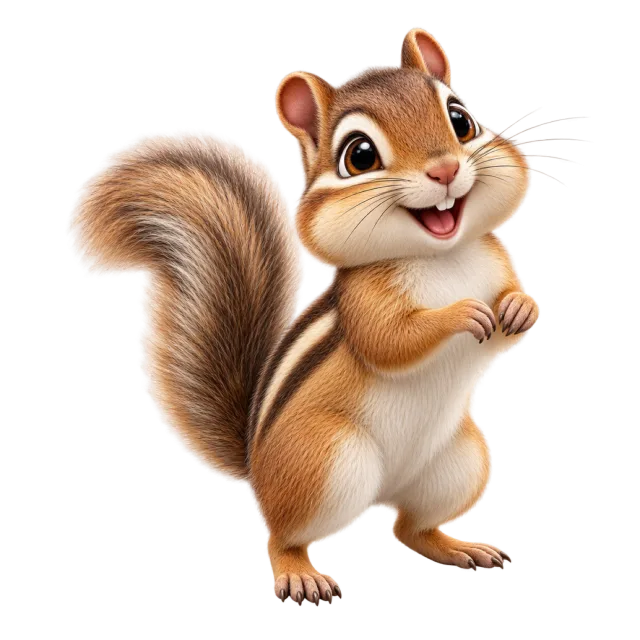 3D-style character illustration of chipmunk with striped brown fur and a raised tail