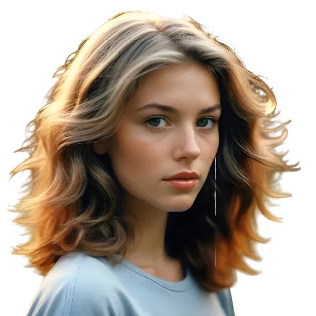 Three-quarter portrait of a woman with short wavy light-brown hair on a transparent background