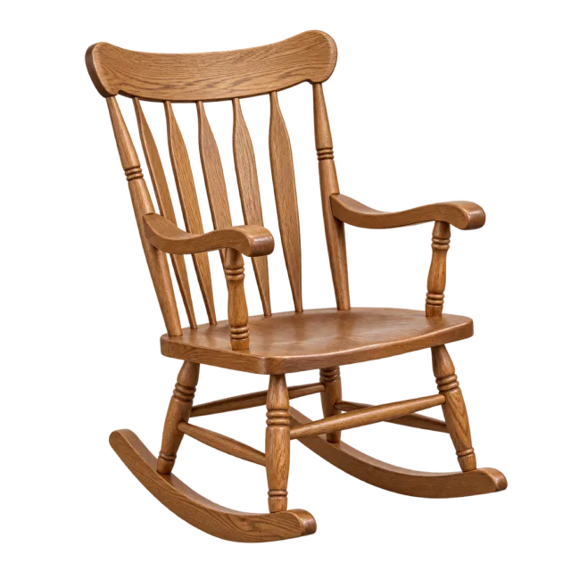 A brown wooden rocking chair with spindle back, curved arms and long curved runners