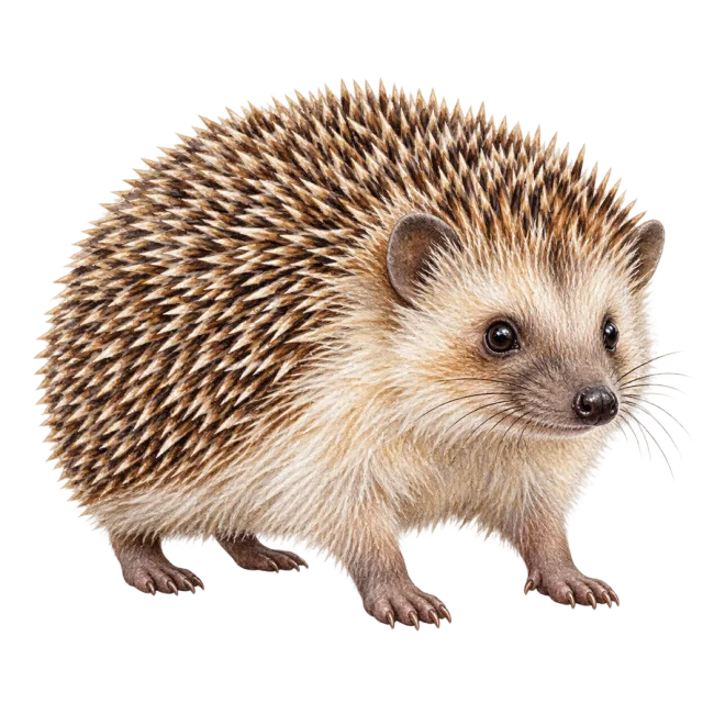 Watercolor-style illustration of european hedgehog with brown spines and a pointed snout