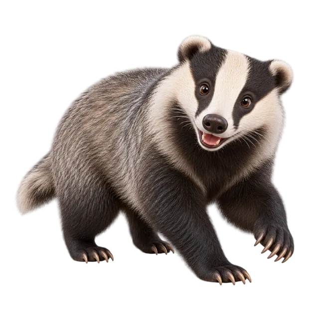 3D-style character illustration of european badger with black and white facial stripes