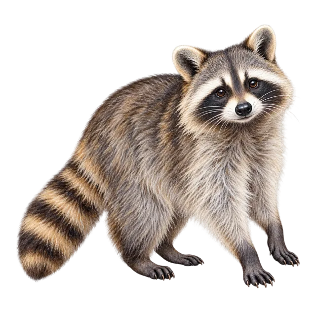 Watercolor-style illustration of raccoon with a dark facial mask and ringed tail