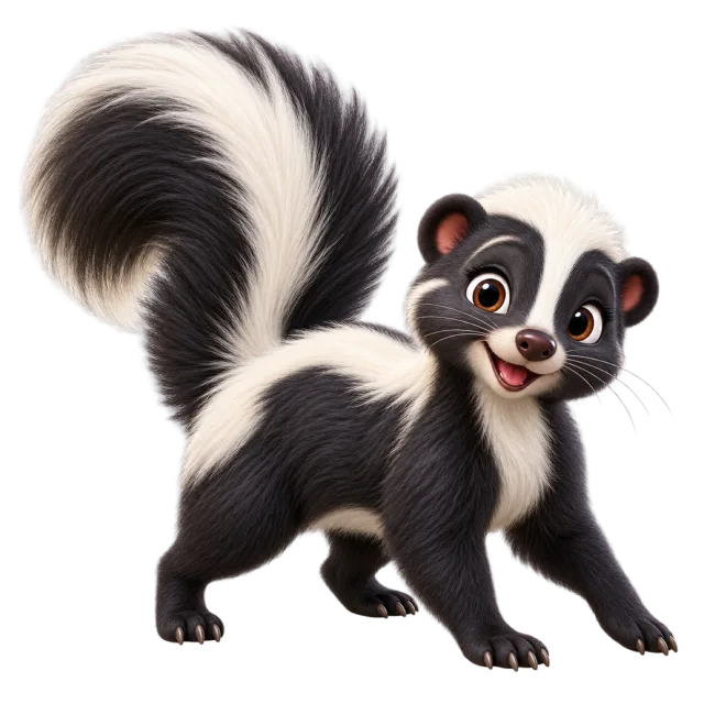 3D-style character illustration of striped skunk with bold white stripes on black fur