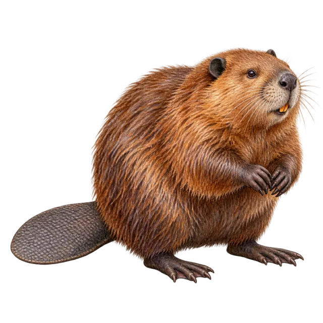 Watercolor-style illustration of north american beaver with brown fur and a broad flat tail