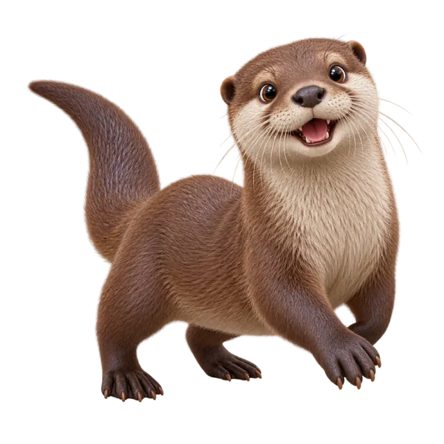 3D-style character illustration of european otter with brown fur and a pale throat and a raised front paw