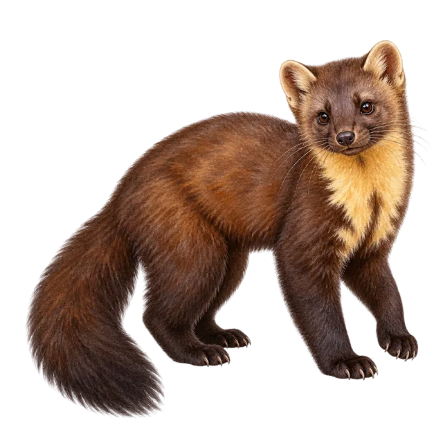 Watercolor-style illustration of pine marten with brown fur with a golden throat patch