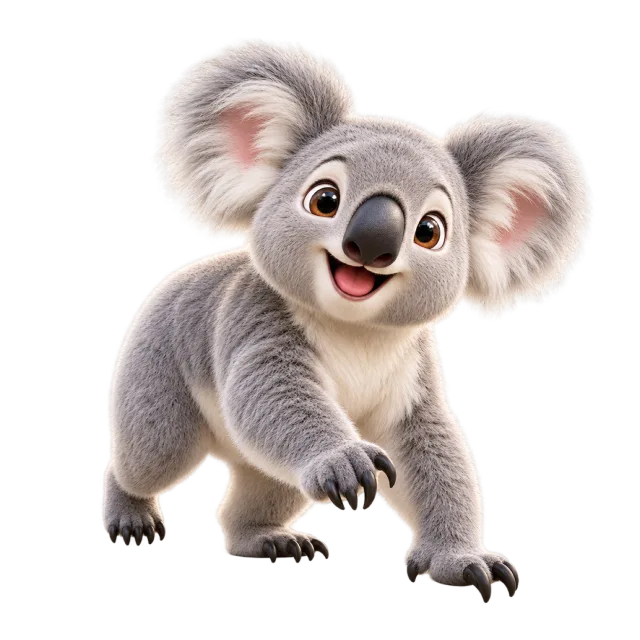 3D-style character illustration of koala with gray fur, round ears and a dark nose
